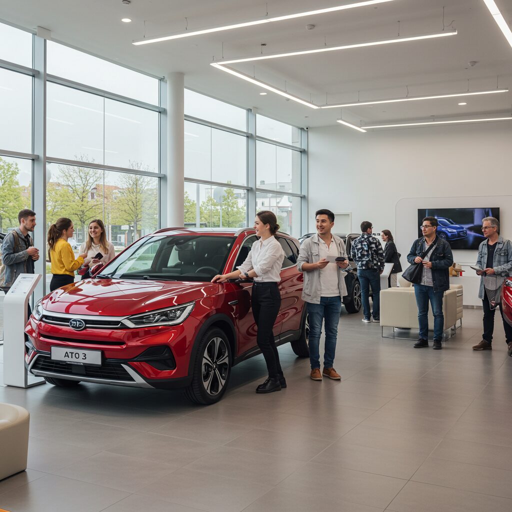 a group of people standing around a red car